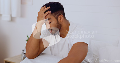 Image of Stress, morning and man in bed with depression problem, insomnia and anxiety alone at home. Mental health, sadness and unhappy male in bedroom depressed, worried and frustrated from sleeping issue