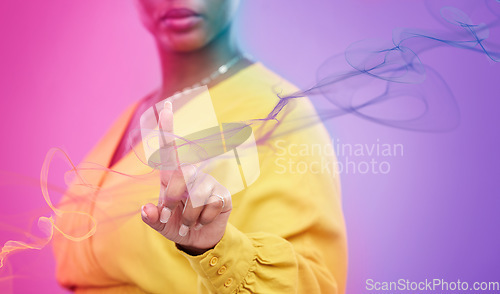 Image of Woman hands, press and screen or hologram for biometric information, network and information technology on neon background. Person or worker fingerprint, creative overlay and internet speed in studio
