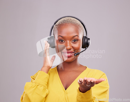 Image of Woman, call center and hand offer, questions or presentation for communication, support or helping in studio. Consultant, agent or african person in portrait and giving advice on a white background
