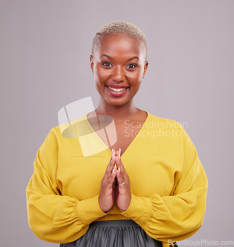 Image of Woman, prayer and hands together in faith, religion and hope or thank you of career opportunity on studio background. Christian or african person in praying portrait, gratitude emoji and ngo business