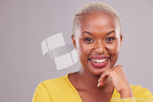 Image of Happy, makeup and portrait of black woman in a studio with beauty, cosmetic or self care face routine. Smile, excited and African female model with cosmetology by gray background with mockup space.