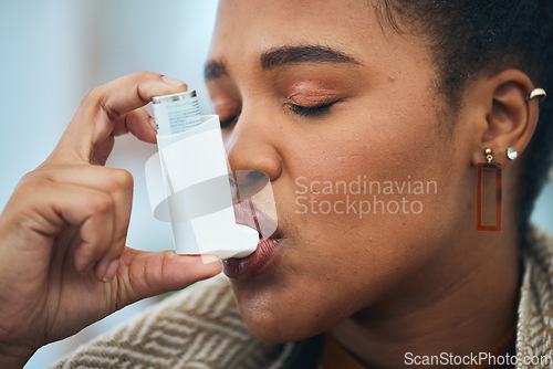 Image of Woman, face and breathe asthma pump for help with health risk, cough treatment and air at home. Closeup, sick african person and spray medicine inhaler for lungs, oxygen or wellness of emergency care