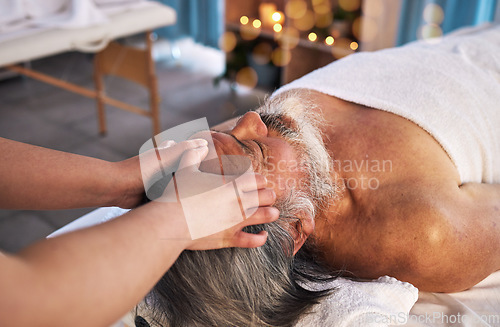 Image of Facial, head massage and senior with man in spa for wellness, treatment and hospitality. Peace, cosmetics and salon with customer and masseuse in hotel for health, vacation and physical therapy
