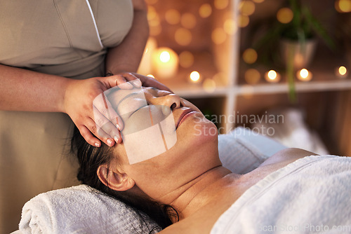 Image of Relax head massage and senior with man in spa for wellness, facial treatment and hospitality. Peace, cosmetics and salon with customer and masseuse in hotel for health, vacation and physical therapy