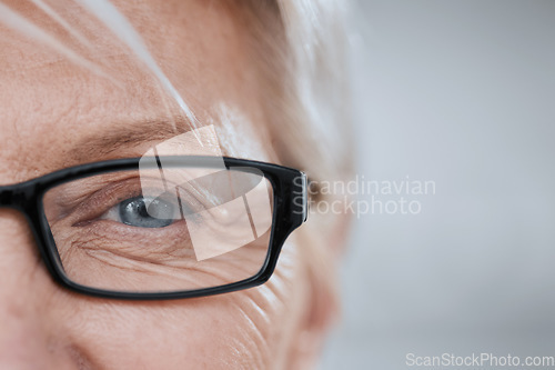 Image of Eye, old woman and glasses for vision and lens, mockup space and optometry with closeup of health and glaucoma. Prescription eyewear with sight and eyecare, wellness and wrinkles with frame and help