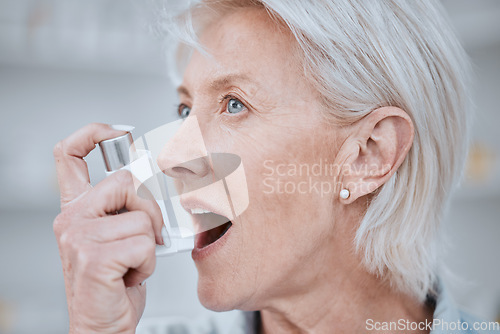 Image of Senior woman, asthma inhaler and breathe with pharmaceutical product, medical or healthcare. Elderly woman, pump and spray for oxygen, wellness or emergency for lungs, mouth or thinking with medicine