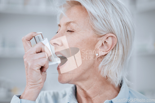 Image of Senior woman, asthma inhaler and pump for pharmaceutical product, health and care. Elderly patient, breathe and spray for oxygen, wellness and emergency for lungs, mouth and thinking with medicine