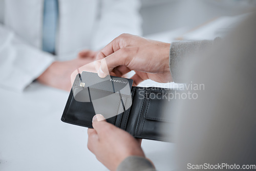 Image of Person, hands and credit card at pharmacy in payment for medication, drugs or pharmaceuticals at checkout. Closeup of customer with debit at drugstore for banking, purchase or buying medical product