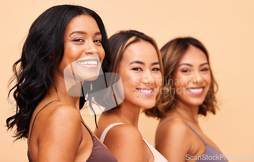 Image of Happy, women and portrait of skincare with diversity in beauty, studio or beige background and friends or group in salon. Natural, cosmetics and female models with confidence, pride and self care