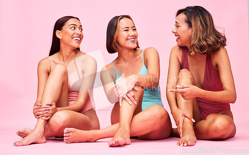 Image of Diversity, swimwear and portrait of friends in studio, women together with smile and fun body positivity. Beauty, summer fashion and happy bikini models with self love, equality and pink background.