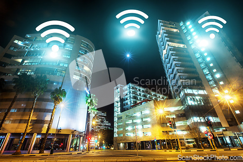 Image of Cityscape, internet and night, wireless connectivity with building, technology abstract and communication online. Location, connection and urban street landscape, cyber and digital transformation