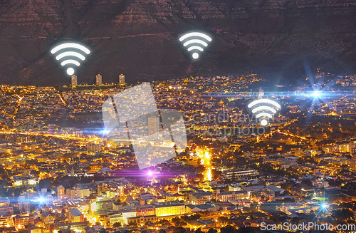 Image of City, internet and wireless connectivity with buildings, technology abstract and communication with top view. Location, connection and urban landscape with light, cyber and digital transformation