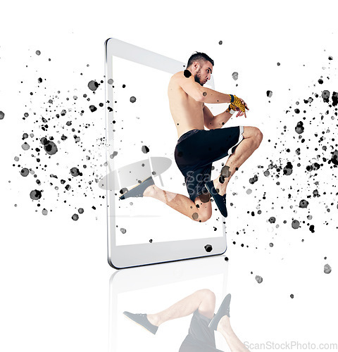 Image of Tablet, fitness app and man fighter on screen in studio isolated on a white background for virtual training. Sports, exercise and workout in martial arts or self defense of male athlete on display