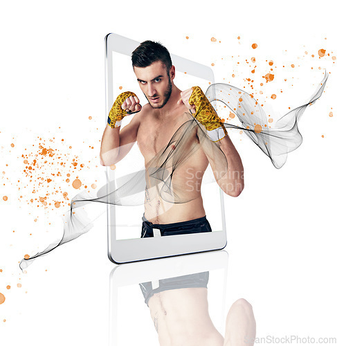 Image of Tablet, fitness app and portrait of a fighter man on screen in studio isolated on a white background for virtual training. Sports, exercise and workout for self defense with an athlete on a display