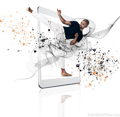 Image of Tablet, karate and fitness app with a man on a screen in studio isolated on a white background. Sports, training for self defense and color splash with a male athlete in a technology display