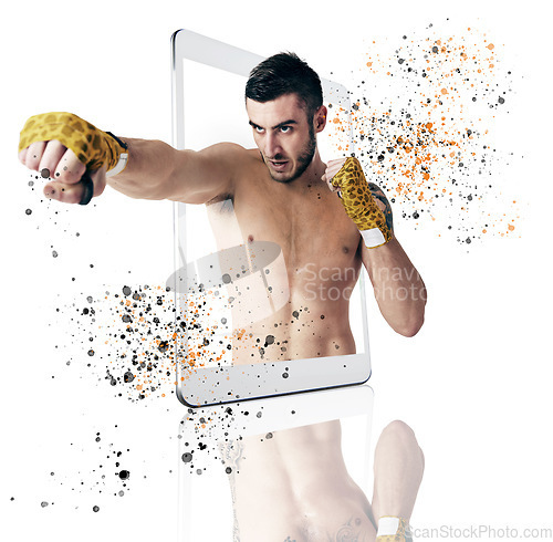 Image of Tablet, fitness and man boxer on screen in studio isolated on a white background for virtual fighter training. Sports, exercise and workout in martial arts or self defense of male athlete on display