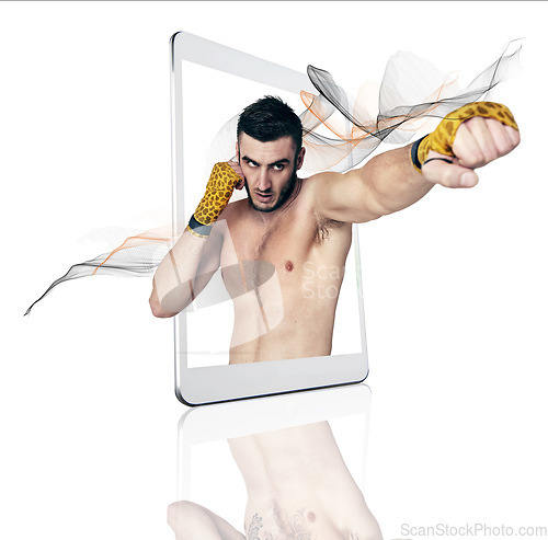 Image of Tablet, fitness app and a fighter man on display in studio isolated on a white background for virtual training. Sports, exercise and workout for self defense with a male athlete on a digital screen