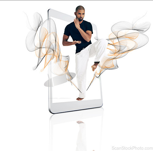 Image of Tablet, karate and fitness app with a sports man on a screen in studio isolated on a white background. Technology, training for self defense and vaporwave with a male athlete in a digital display