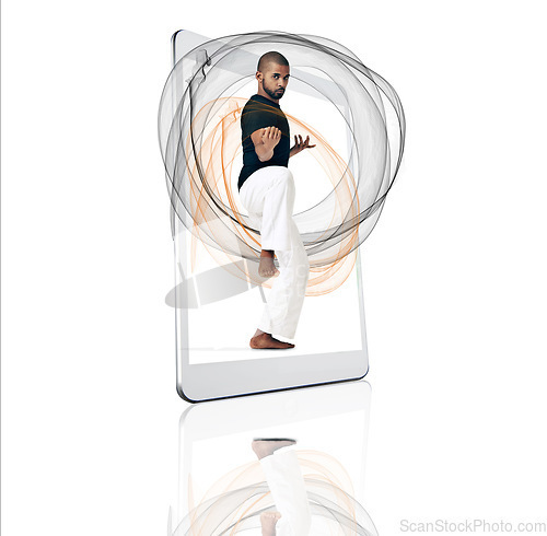 Image of Tablet, portrait and fitness app with a karate man on a screen in studio isolated on a white background. Technology, workout for self defense and vaporwave with a male athlete in a digital display