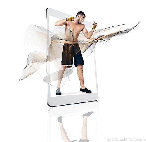 Image of Tablet, fitness app and a fighter man on screen in studio isolated on a white background for virtual training. Sports, exercise and workout for self defense with a male athlete on a digital display