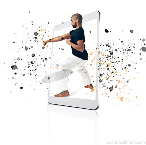Image of Tablet, karate and fitness app with a fighter man on a screen in studio isolated on a white background. Technology, training for self defense and color splash with a male athlete in a digital display