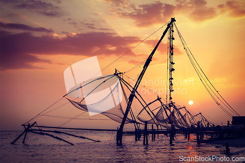Image of Chinese fishnets on sunset. Kochi, Kerala, India