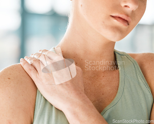 Image of Fitness, shoulder pain or girl gymnast with injury after exercise, training or workout accident emergency. Hand closeup, sports athlete or injured woman with broken bone inflammation in gymnastics