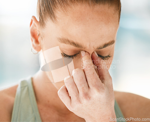 Image of Stress, headache or face of woman at gym for fitness, exercise or workout challenge with anxiety. Tired, hand or sick athlete with migraine, sports injury or head pain frustrated by training problem