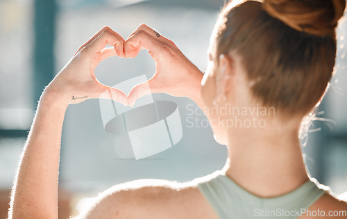 Image of Heart, hands and woman with emoji and support, health and wellness with back, sign and love with care. Charity, trust and review with feedback, opinion and icon with kindness, emotion and reaction