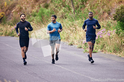 Image of Fitness, men and running friends in a road for training, speed and energy, health and cardio routine in nature. Sports, diversity and man group on practice run for competition, workout or race goal