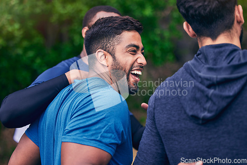 Image of Happy, men and friends laughing for fitness, workout and running outdoor with a smile. Exercise, training and sports with funny joke and comedy together in nature with an Indian man with wellness