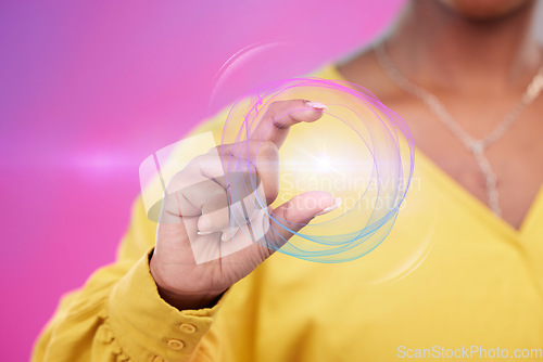 Image of Hand, woman or technology with connection, sound wave or hologram with metaverse, futuristic or equalizer on pink studio background. Holographic, future or model with closeup, person or color motions