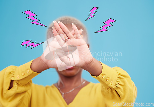 Image of Hands, lightning graphic and a woman on a blue background for stop or rejection. Block, no and person with a gesture and technology abstract, anger or frustrated at internet speed or connection