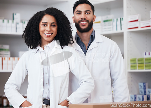 Image of Pharmacy, teamwork and portrait of man and woman for medical service, medicine and wellness. Healthcare, pharmaceutical and happy pharmacists in drug store for medication, consulting and clinic care