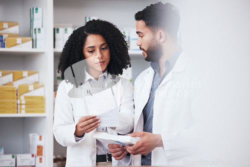 Image of Pharmacy, workers and report check with conversation, teamwork and pharmaceutical work. Healthcare, medicine and drug ingredients of pills and medication document in drugstore with pharmacist