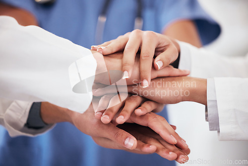 Image of Hospital, mission and hands of doctors in support of teamwork, help or motivation for medical goal. Healthcare, group or people together for team building, collaboration or trust, faith or solidarity