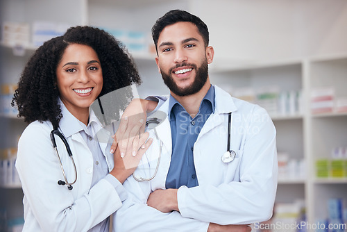 Image of Pharmacy, teamwork and portrait of pharmacists for medical service, medicine and wellness. Healthcare, pharmaceutical and happy man and woman in drug store for medication, consulting and clinic care