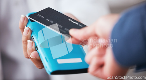 Image of Credit card, hand and payment machine in a store with cashier, online and customer in a pharmacy. Shop, commerce and electronic sale with pay at POS with finance transaction and purchase at checkout