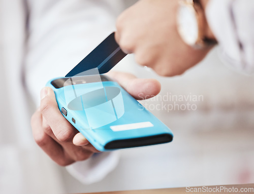 Image of Credit card, hands and health payment in a store with cashier, machine and customer in a pharmacy. Shop, commerce and electronic sale with pay at POS with finance transaction and purchase at checkout