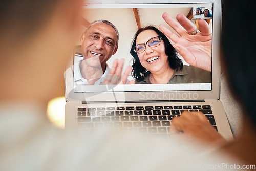 Image of Video call, laptop screen and wave with face of family for communication, contact or connection. Happy, digital and technology with senior people at home for excited, website or online chat together