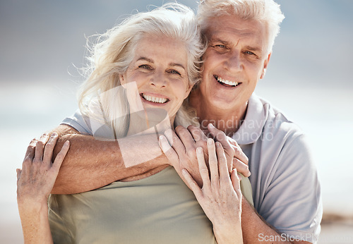 Image of Beach portrait, hug and senior happy couple relax for outdoor wellness, nature freedom or travel holiday. Love, care and elderly woman, old man or marriage people hugging on romantic vacation date