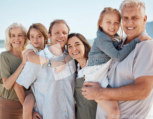 Image of Portrait, generations and big family on beach together, smile and summer vacation travel to tropical island. Men, women and children on happy ocean holiday with grandparents, parents and kids in Bali