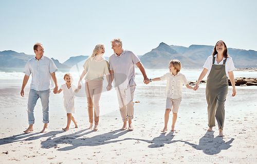 Image of Family holding hands on beach, generations and adventure with grandparents, parents and kids outdoor. Happiness, travel and sea with love and care, people on holiday with trust and support in nature