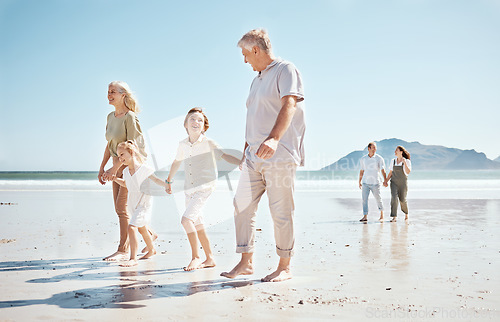 Image of Grandparents, kids and holding hands on beach, family and parents with trust and support, tropical holiday and travel. Happiness, nature and sea with love and care, generations and people on vacation