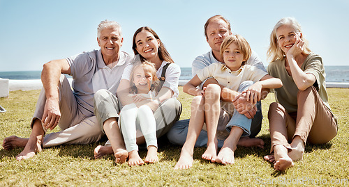 Image of Portrait, big family and smile on vacation at beach, bonding and relax together. Grandparents, children and mother with father at ocean, happy or having fun to travel on summer holiday outdoor at sea