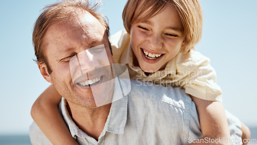 Image of Happy father, child and laughing in piggyback, family bonding or outdoor weekend on holiday or summer break. Dad and son in hug, love or care for embrace, childhood or enjoying day together in nature