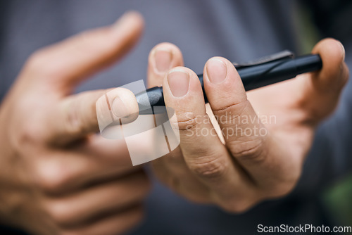Image of Glucose, finger and hands with lancet needle for diabetes and blood sugar test, check and monitor. Healthcare, medical care and closeup of person prick fingers for treatment, medicine and inspection