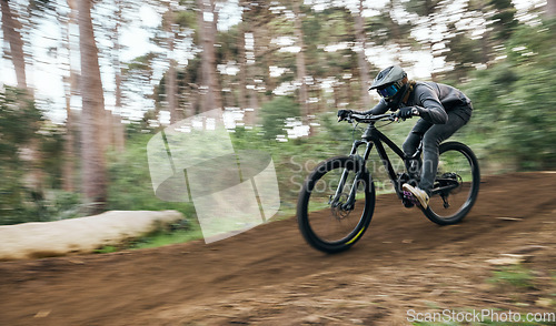 Image of Bicycle, man in woods and speed blur in workout outdoor at forest for healthy body. Mountain bike, nature and fast athlete training, cycling or off road adventure in fitness, exercise or sport travel