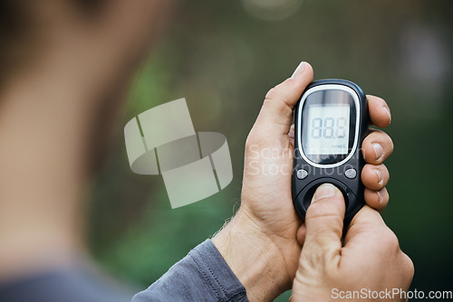 Image of Glucose, fitness and hands with glucometer for diabetes and blood sugar test, check and monitor. Healthcare, medical care and closeup of person for inspection after training, exercise and workout