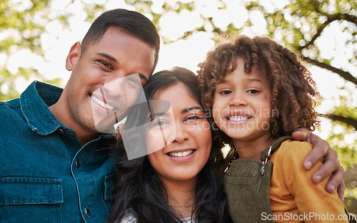 Image of Nature, portrait and happy child, mother and father smile for outdoor wellness, bonding and connect on Brazil holiday. Park, face and family kid, mom and dad together with love, happiness and care